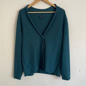 Eileen Fisher 100% Merino Wool V-Neck Knit Cardigan Teal Blue Size L Preppy